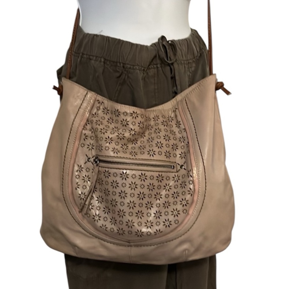 The SAK Perforated Tan Taupe Neutral Leather Slouchy Boho Shoulder Crossbody Bag